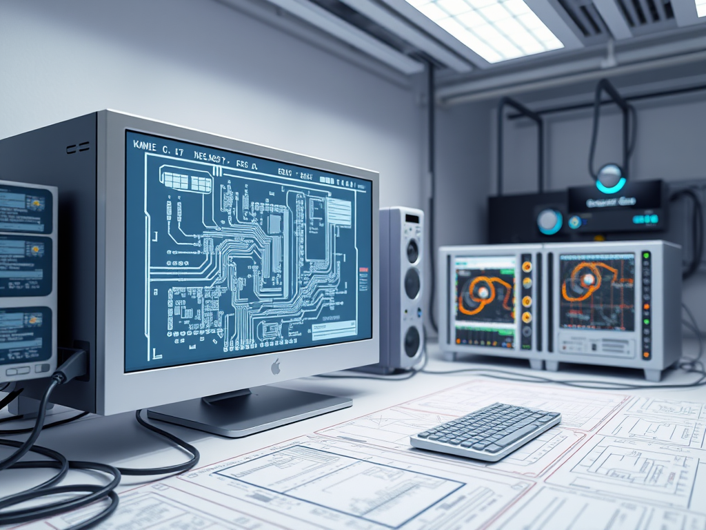 A modern workspace featuring a computer displaying a circuit design on the screen, surrounded by technical equipment and schematics.